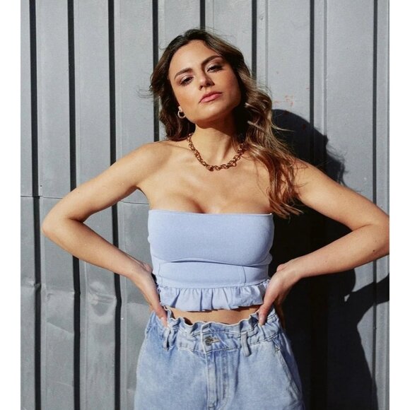 Zara Tops - Zara Light Blue Ruffle Corset Bandeau Crop Top | Coastal Cowgirl Balletcore Boho